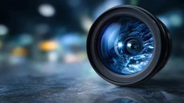 Extreme macro of projector lens emitting bright blue light, reflective surface beneath device, indoor presentation concept, texture of lens glass and metallic body emphasized, prof