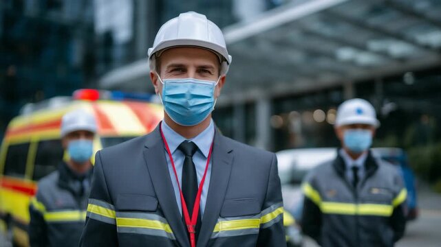 Faceless confident medical professionals posing near ambulance, hospital architecture in background, emergency service workers and paramedic staff concept, neutral tones, realistic