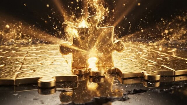 Golden puzzle piece glowing light burst metallic abstract shiny success concept solution luxury closeup fitting teamwork reflection elegant completion creativity problem solving unique connection