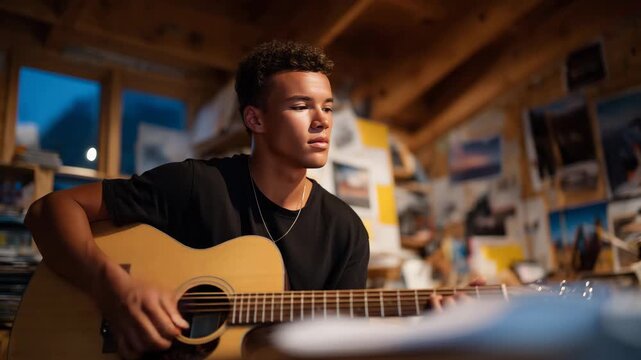 Faceless diligent person playing acoustic guitar while receiving teacher feedback, learning space with wooden textures and musical posters, balanced composition, warm studio lighti