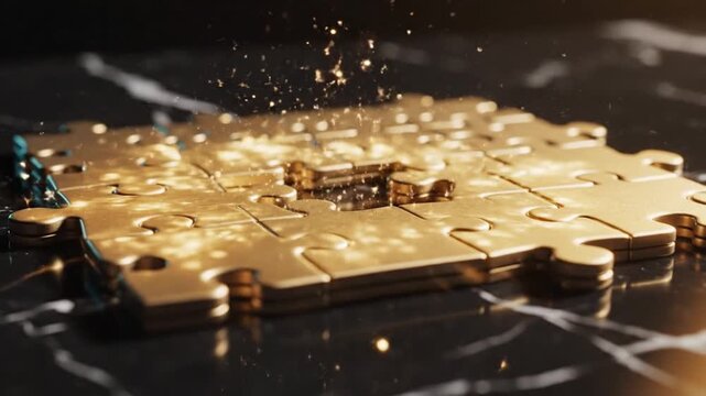 Golden puzzle piece missing center glowing light marble surface luxury abstract solution creativity inspiration dramatic effect sparkling particles closeup elegant conceptual metallic jigsaw teamwork