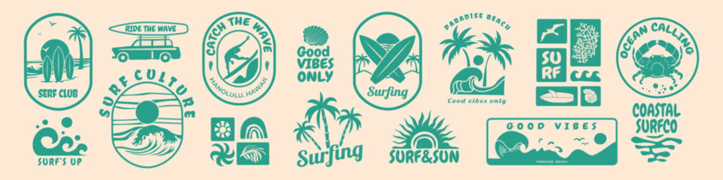 Retro surf club badge collection with ocean waves, palm trees, and tropical sun. Vintage vector emblems for t-shirt prints, beachwear design, summer logos, and coastal branding projects.
