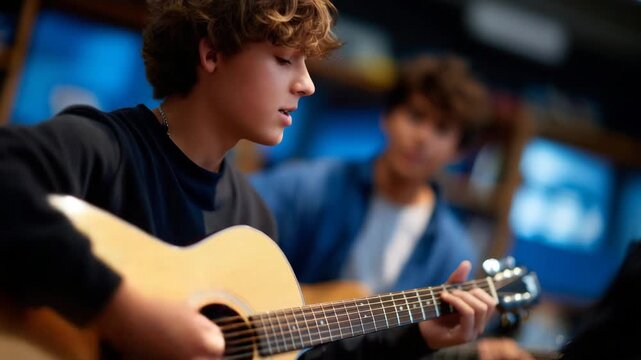 Faceless student playing acoustic guitar while teacher observes and teaches, guitar lesson, music education, performance skills, artistic development, mentoring relationship, shall