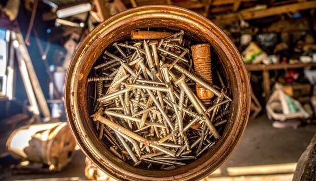 Rusty tin can filled with salvaged nails and bolts used as makeshift ammunition, offering a glimpse into resourceful DIY and industrial settings.