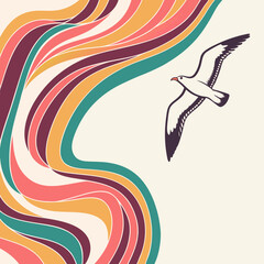 Seagull flying gracefully over a soft abstract background with flowing colorful waves in retro style with white background with line art © Tiya