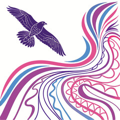 Fototapeta premium Majestic bird soaring through abstract colorful swirls and patterns, symbolizing freedom and creativity, white background, line art