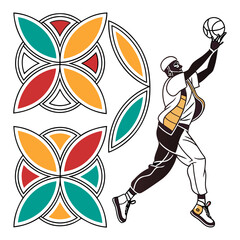 African man playing basketball, jumping with ball, alongside geometric decorative patterns, slam dunk © Tiya