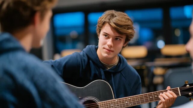Faceless youthful person practicing acoustic guitar during guided lesson, teacher observing technique and offering advice, music stand and learning materials present, clean classro