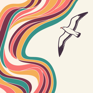 Seagull flying gracefully over a soft abstract background with flowing colorful waves in retro style with white background with line art