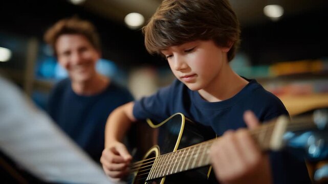 Faceless youthful student learning acoustic guitar during private music lesson, teacher consulting and guiding finger placement, guitar strings and fretboard in focus, sheet music
