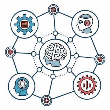 Hexagonal network diagram illustrating AI and machine learning concepts with human brain and gears with visual is suitable for technical presentations and educational materials