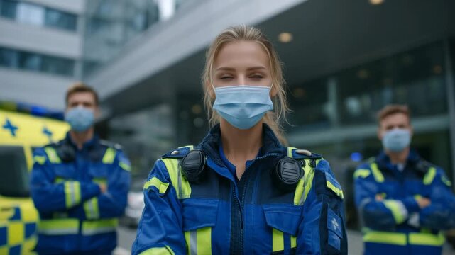Group of faceless young medical professionals facing camera, emergency service workers with ambulance and hospital facade behind, confident posture, paramedic and doctor collaborat