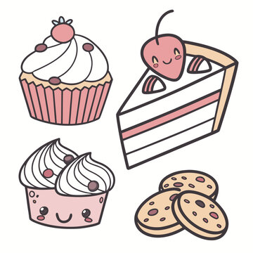 Kawaii desserts: smiling cupcake, cake slice, and cookies with cute faces, white background, flat design, dessert lover