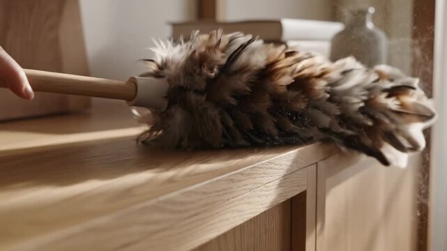 This video features shelf dusting with feather duster motion in soft daylight, home cleaning concept, tidy interior theme, and lifestyle branding visual.