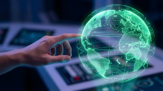 Close up of a bare hand pointing at a futuristic glowing neon green holographic network globe