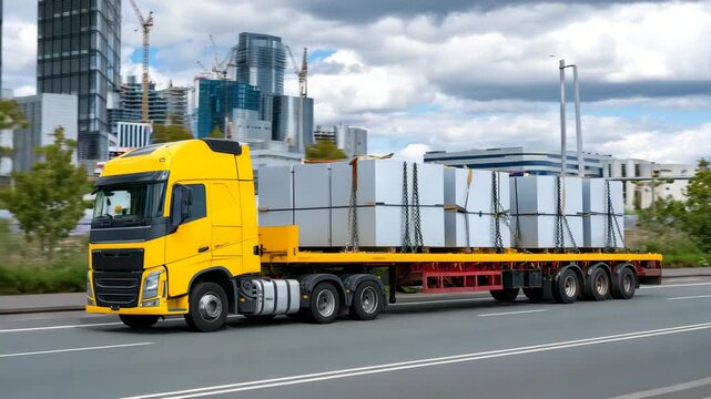 Flatbed truck carrying large metal steel coils, chains and heavy-duty securing mechanisms visible, industrial cargo transport for manufacturing, modern highway setting, wide-angle