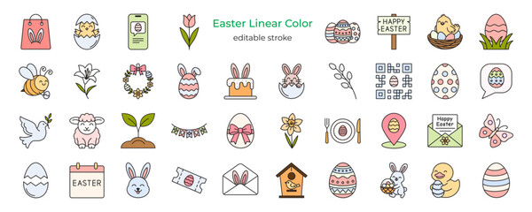 Obraz premium A comprehensive collection of 38 modern linear color icon for Easter holiday featuring egg, bunny, spring flower, and festive symbol with editable stroke and pastel color fill.