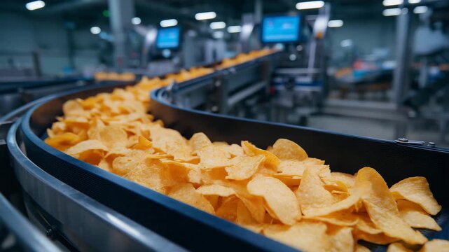 Industrial factory conveyor transporting snacks for packaging, modern machines aligning and sorting chips or crackers, stainless steel production line, hygienic food processing env