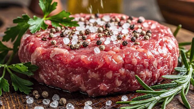 Video of seasoned raw minced steak patty on wooden board with aromatic herbs, fresh organic meat ingredient, barbecue preparation and restaurant menu concept.