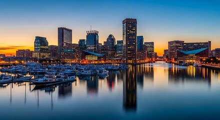 Obraz premium City skyline at dusk reflecting on water, boats docked, vibrant sky colors