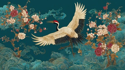 Fototapeta premium Bird flying among flowers and clouds