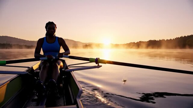 Video of Sunrise Lake Rowing Scene featuring rhythmic oar strokes and sparkling water droplets for sports branding, wellness campaigns and scenic travel content; low-angle perspective near the