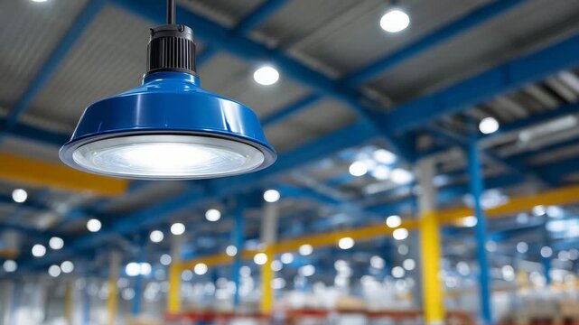 Industrial warehouse interior with close-up of blue ceiling lamp, LED lighting casting soft reflections on steel beams, modern minimal design, architectural focus, realistic indust