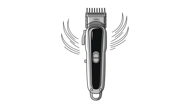 Vertical view of a professional electric hair trimmer or clipper with vibration lines indicating use for grooming and styling.