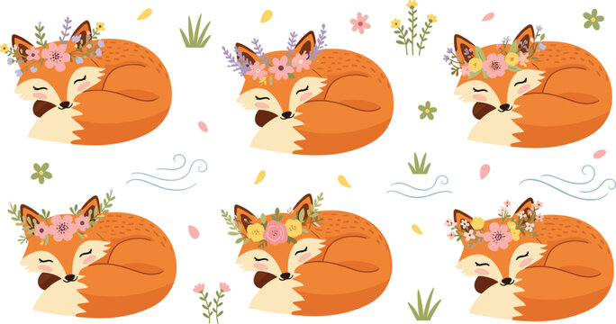 Cute sleeping fox with floral crown in peaceful woodland scene, adorable cartoon forest animal curled up with flowers and plants vector illustration set
