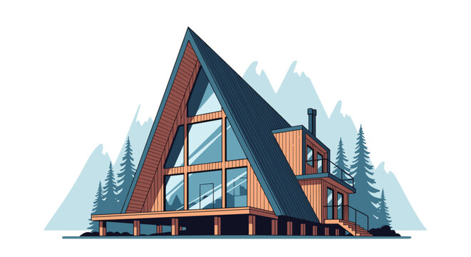 Modern wooden A-frame cabin located in a serene mountain forest landscape during winter for vacation and lifestyle themes.