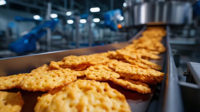 Macro close-up of golden crackers moving on stainless steel conveyor belt, crisp texture highlighted, industrial snack production line, automated machinery processing snacks, moder