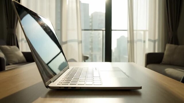 Laptop near a large window in a bright modern apartment, positioned on a clean wooden desk with soft natural daylight flooding the workspace, gentle shadows of window frames falling across the