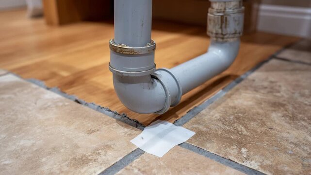 Macro close-up of gray PVC pipe elbow joint, adhesive and floor substrate visible, indoor plumbing renovation, detailed textures