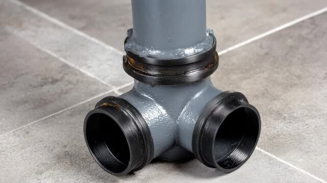 Macro close-up of gray PVC pipe T-junction, adhesive applied, indoor floor plumbing installation, detailed macro textures