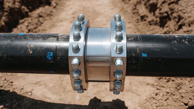 Macro close-up of industrial steel pipeline flange, bolts and gasket visible, outdoor construction trench, metallic textures, realistic engineering setup