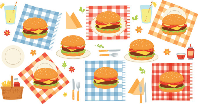 Tasty hamburger meal set on picnic tablecloth with fries, drink, ketchup and utensils, colorful fast food lunch composition vector illustration collection
