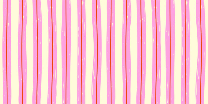 Abstract seamless modern minimal horizontal summer pattern with vertical pink and  red stripes on a white background; simple vector illustration, drawing, sketch; hand-drawn with a brush in flat style