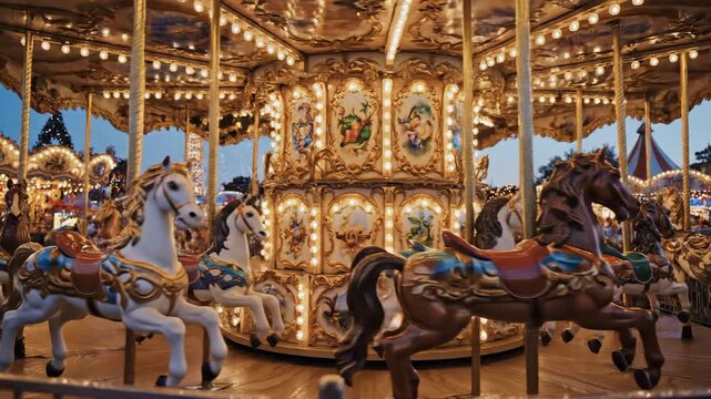 This video showcases a rotating merry-go-round with glowing golden lights and ornate horses, vibrant carnival aesthetic, whimsical entertainment concept, and elegant vintage fair atmosphere.