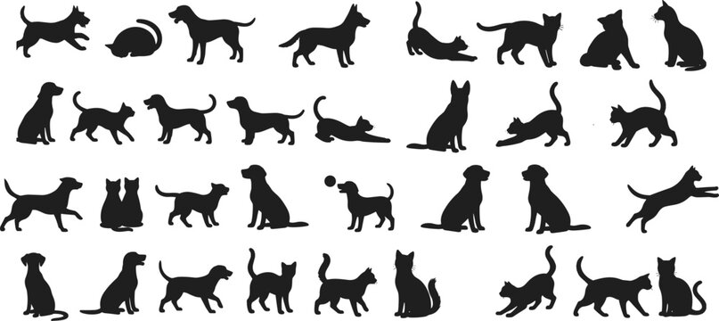 Collection of cat and dog silhouettes in various poses including sitting, standing, running, playing, and lying down for vector illustration