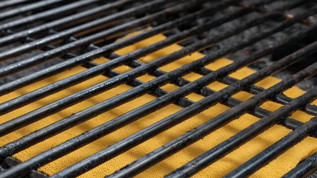 Macro composition of gas grill surface cleaned with yellow cloth, detailed stainless steel texture and subtle light reflections, outdoor cooking preparation, realistic summer barbe