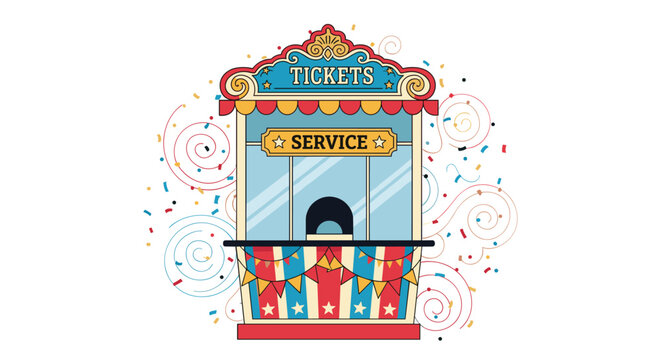 Vintage carnival ticket booth with service window and colorful banners surrounded by confetti for fair and circus entertainment.