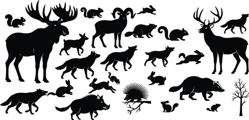 Obraz premium Vector silhouettes of moose, deer, ram, wolves, foxes, squirrels, rabbits, beavers, porcupine, boar, badger, chipmunk, and forest tree illustration