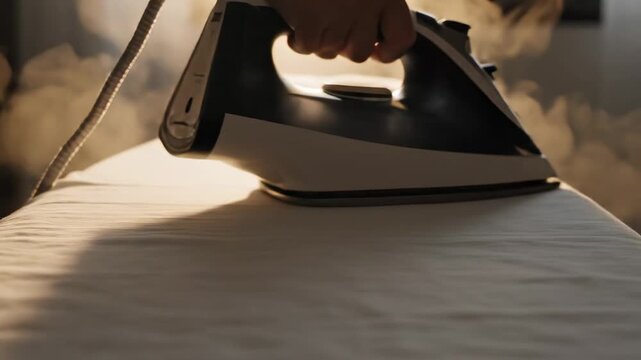 Video fabric pressing scene with visible steam plume and smooth glide action for household branding, product commercials, and lifestyle storytelling.