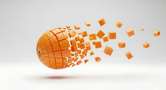 Orange globe dissolving into cubes graphic against white backdrop