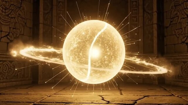 Glowing orbs with fiery rings float in ancient temple