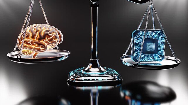 Metallic balance scale with human brain on one pan and crystalline microchip on the other, evenly balanced, symbolizing comparison between human cognition and artificial intelligence.