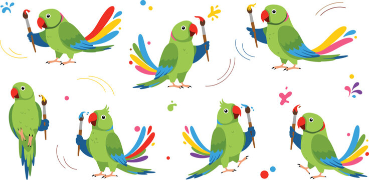 Cute cartoon parrot painting with brush and colorful paint splashes, funny artist bird character set with creative art activity vector illustration