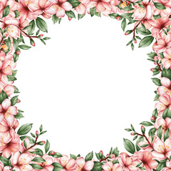 Fototapeta premium Watercolor floral frame with pink cherry branches and green leaves, with a clean space for text in the center. Suitable for wedding invitations, greeting cards, posters, branding, packaging, and roman