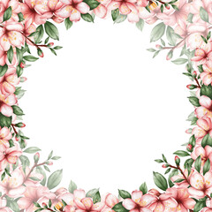 Obraz premium Watercolor floral frame with pink cherry branches and green leaves, with a clean space for text in the center. Suitable for wedding invitations, greeting cards, posters, branding, packaging, and roman