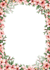 Obraz premium Watercolor floral frame with pink cherry branches and green leaves, with a clean space for text in the center. Suitable for wedding invitations, greeting cards, posters, branding, packaging, and roman